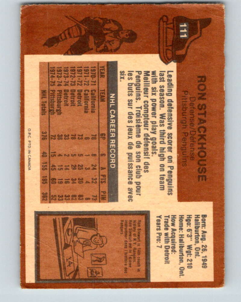 1975-76 O-Pee-Chee #111 Ron Stackhouse  Pittsburgh Penguins  V5665