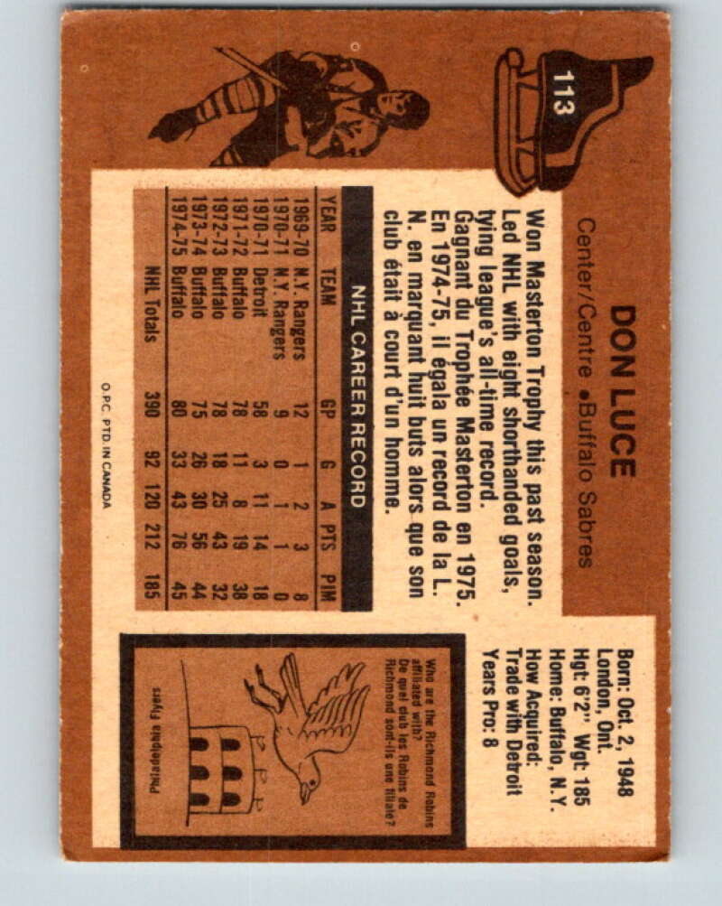 1975-76 O-Pee-Chee #113 Don Luce  Buffalo Sabres  V5671