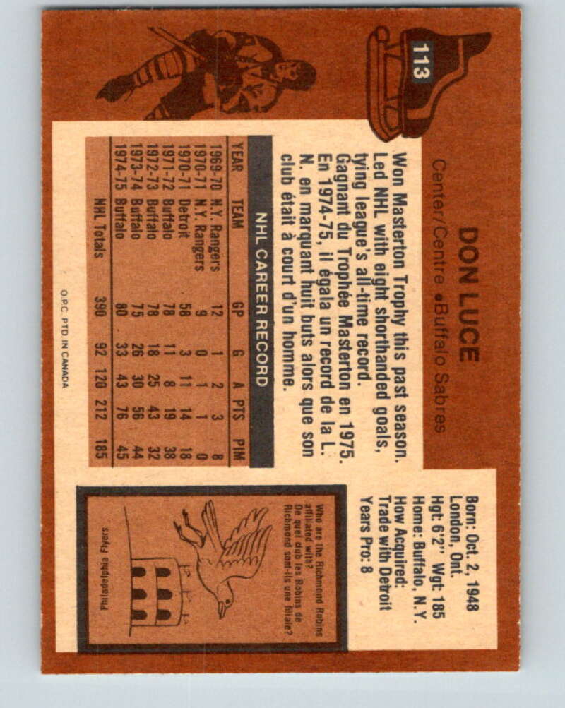 1975-76 O-Pee-Chee #113 Don Luce  Buffalo Sabres  V5672