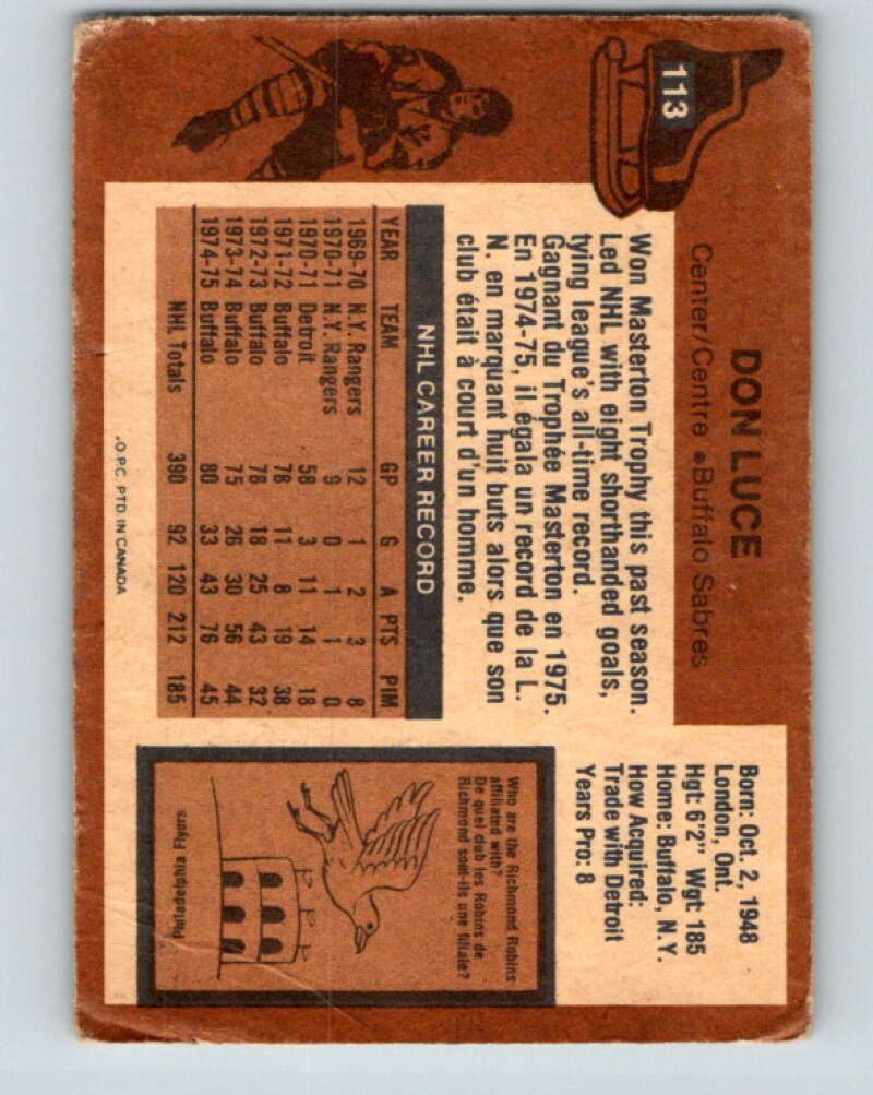 1975-76 O-Pee-Chee #113 Don Luce  Buffalo Sabres  V5673