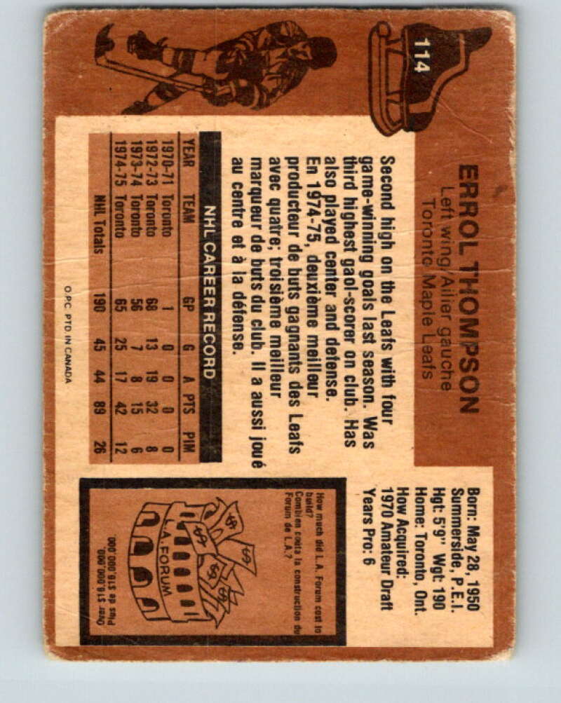 1975-76 O-Pee-Chee #114 Errol Thompson  RC Rookie Leafs  V5674