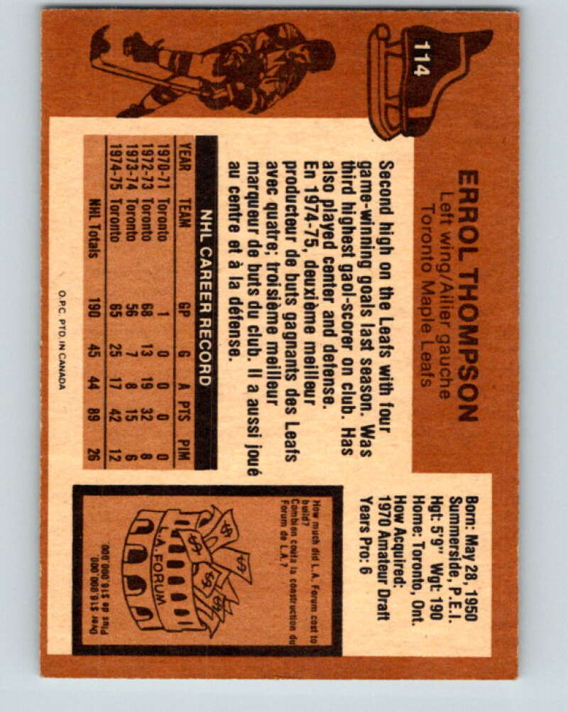 1975-76 O-Pee-Chee #114 Errol Thompson  RC Rookie Leafs  V5676