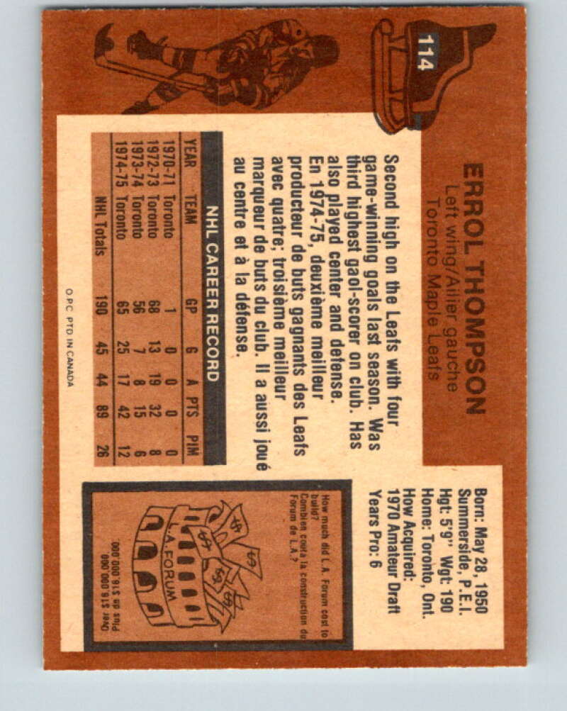 1975-76 O-Pee-Chee #114 Errol Thompson  RC Rookie Leafs  V5677