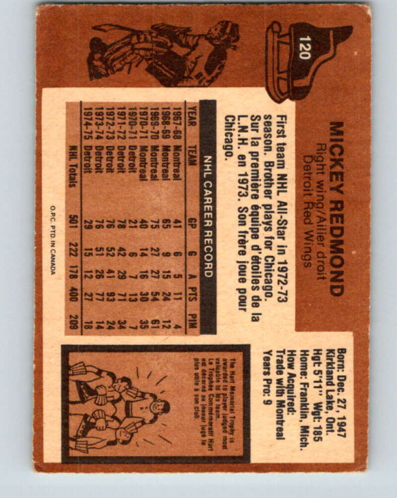 1975-76 O-Pee-Chee #120 Mickey Redmond  Detroit Red Wings  V5692