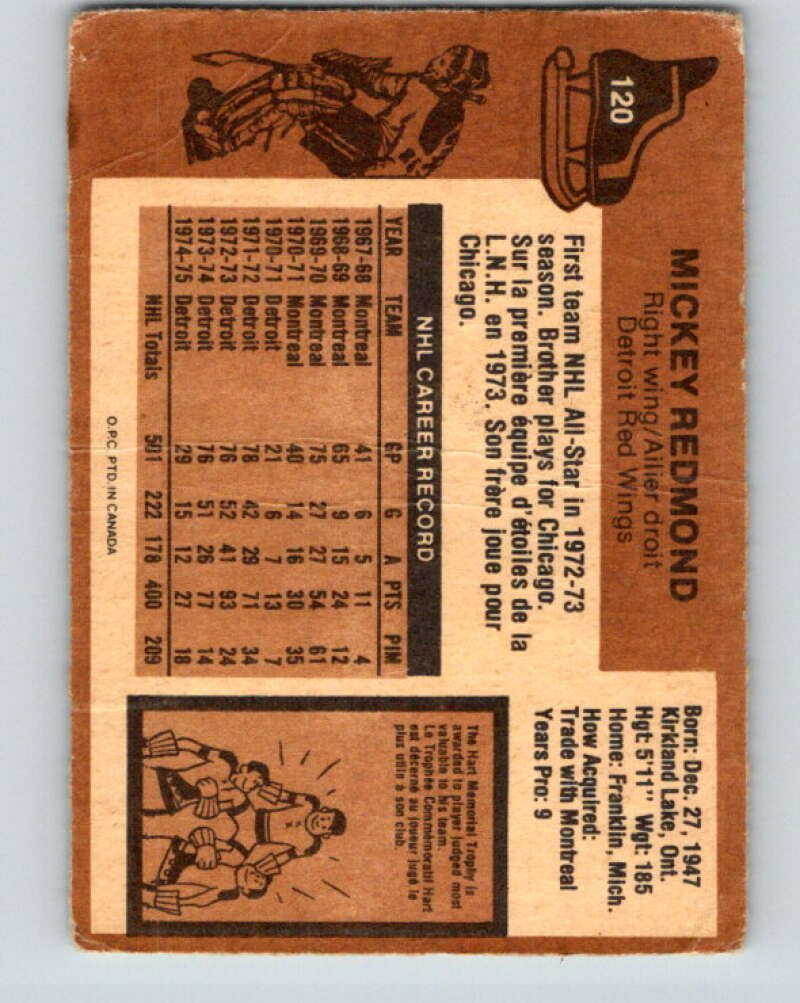1975-76 O-Pee-Chee #120 Mickey Redmond  Detroit Red Wings  V5695