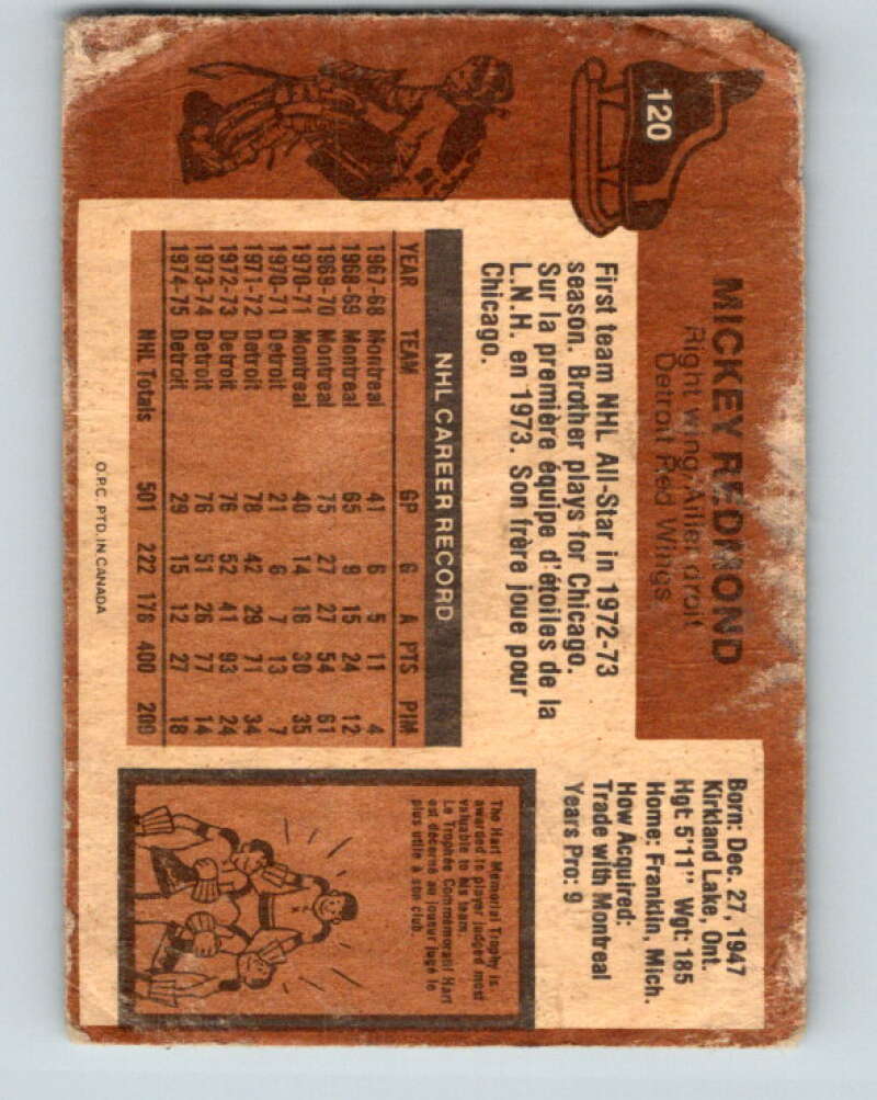 1975-76 O-Pee-Chee #120 Mickey Redmond  Detroit Red Wings  V5696