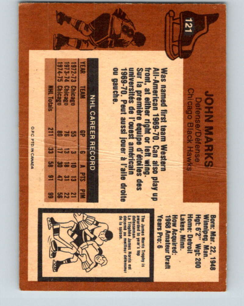 1975-76 O-Pee-Chee #121 John Marks  Chicago Blackhawks  V5699