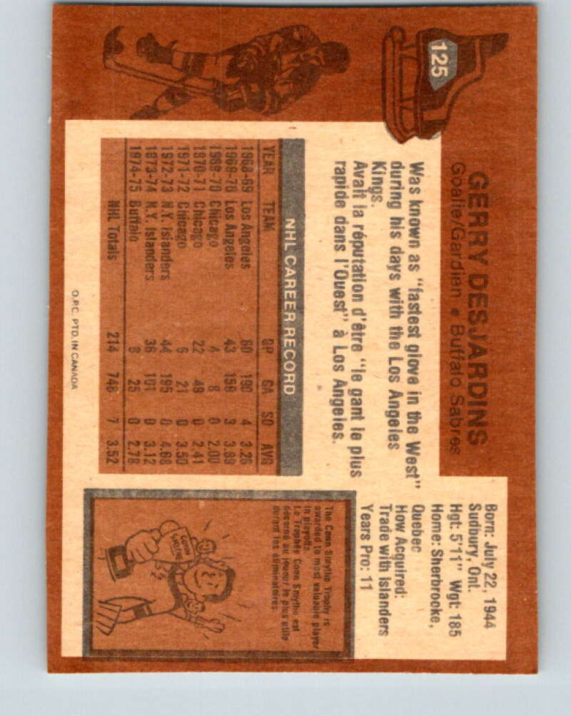 1975-76 O-Pee-Chee #125 Gerry Desjardins  Buffalo Sabres  V5715