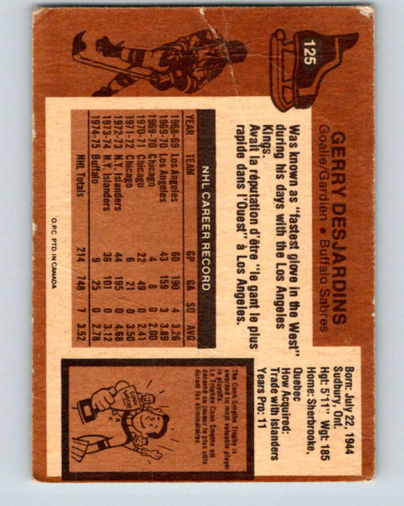 1975-76 O-Pee-Chee #125 Gerry Desjardins  Buffalo Sabres  V5722