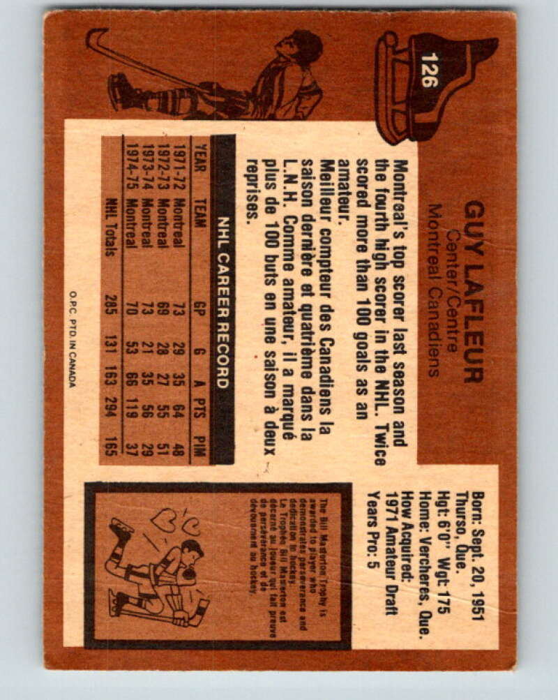 1975-76 O-Pee-Chee #126 Guy Lafleur UER  Montreal Canadiens  V5724