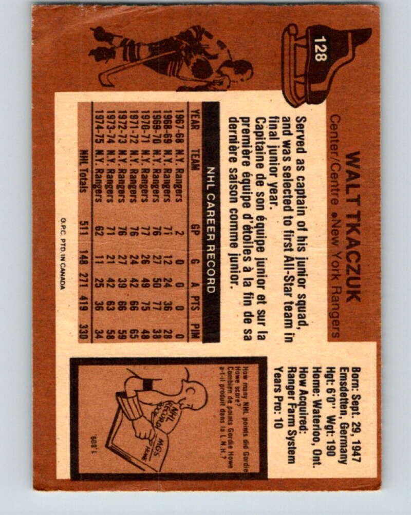 1975-76 O-Pee-Chee #128 Walt Tkaczuk  New York Rangers  V5733