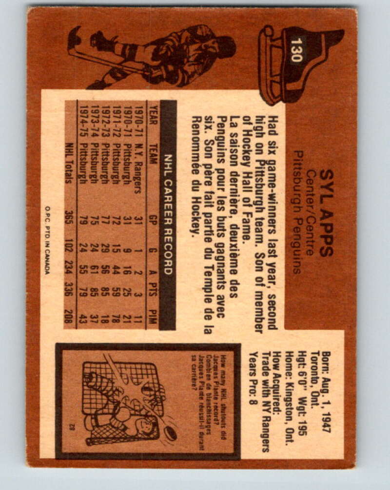 1975-76 O-Pee-Chee #130 Syl Apps Jr.  Pittsburgh Penguins  V5747