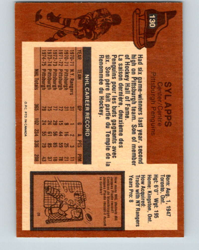 1975-76 O-Pee-Chee #130 Syl Apps Jr.  Pittsburgh Penguins  V5749