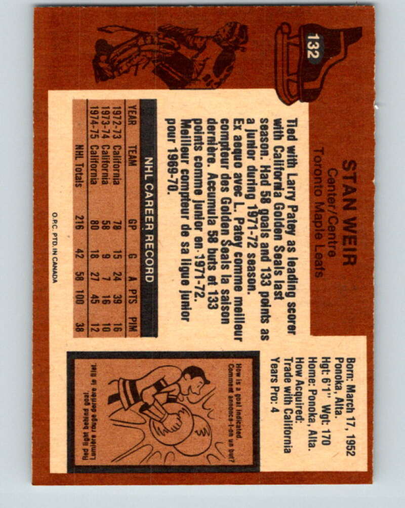 1975-76 O-Pee-Chee #132 Stan Weir  Toronto Maple Leafs  V5758