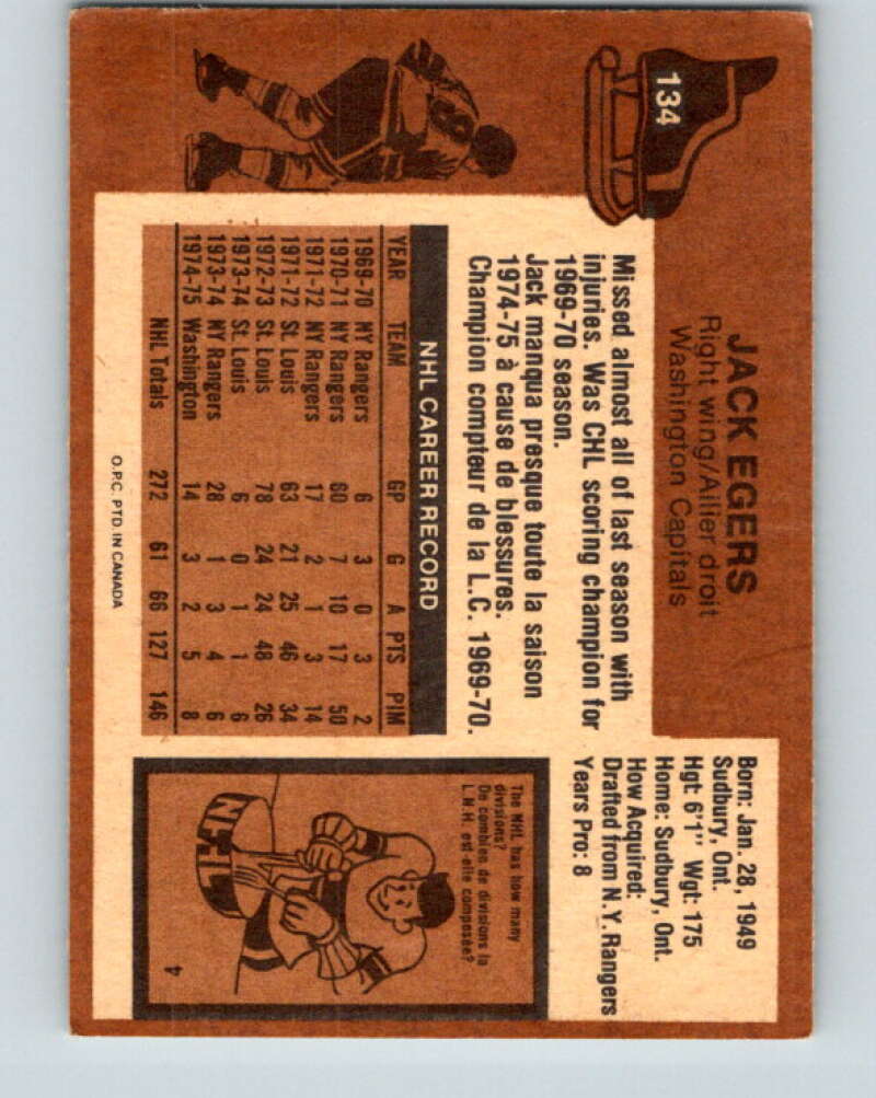 1975-76 O-Pee-Chee #134 Jack Egers  Washington Capitals  V5764