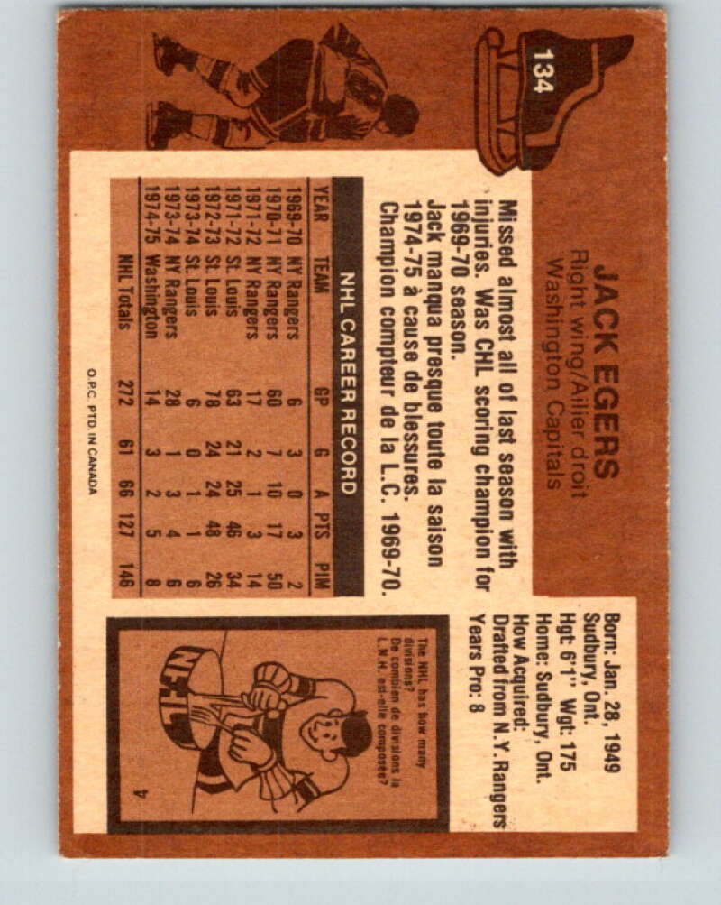 1975-76 O-Pee-Chee #134 Jack Egers  Washington Capitals  V5765