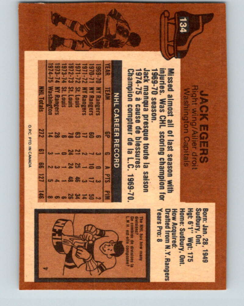 1975-76 O-Pee-Chee #134 Jack Egers  Washington Capitals  V5766