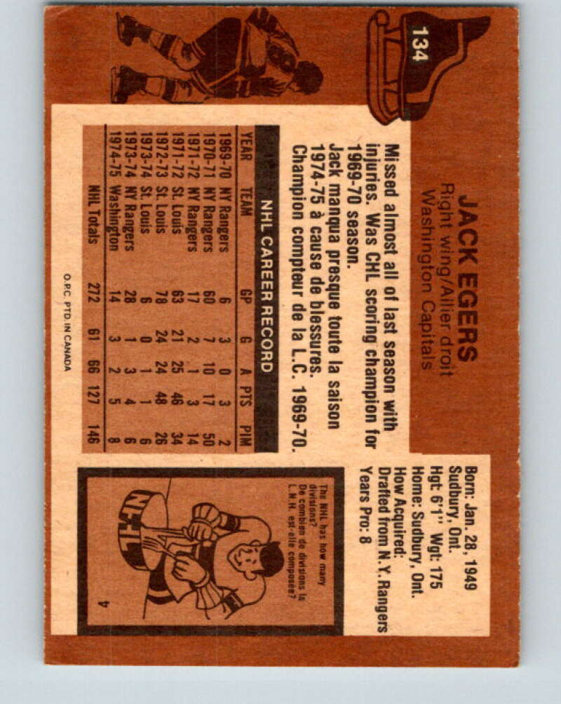1975-76 O-Pee-Chee #134 Jack Egers  Washington Capitals  V5767