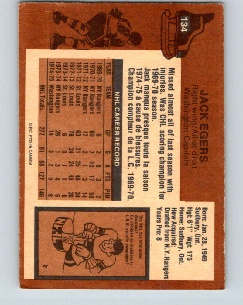 1975-76 O-Pee-Chee #134 Jack Egers  Washington Capitals  V5768