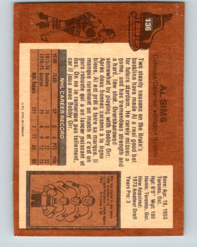 1975-76 O-Pee-Chee #136 Al Sims  Boston Bruins  V5777