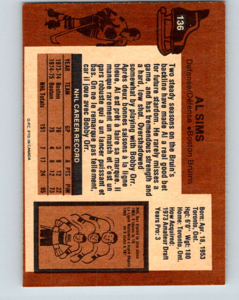 1975-76 O-Pee-Chee #136 Al Sims  Boston Bruins  V5778