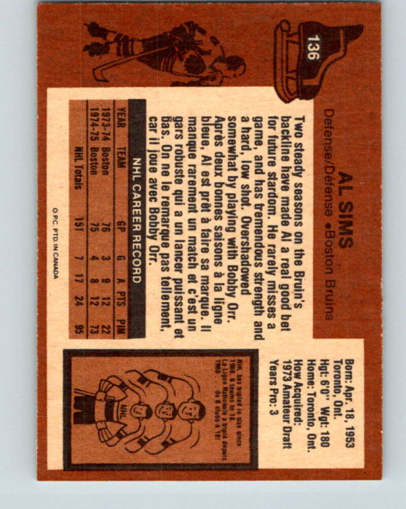 1975-76 O-Pee-Chee #136 Al Sims  Boston Bruins  V5779