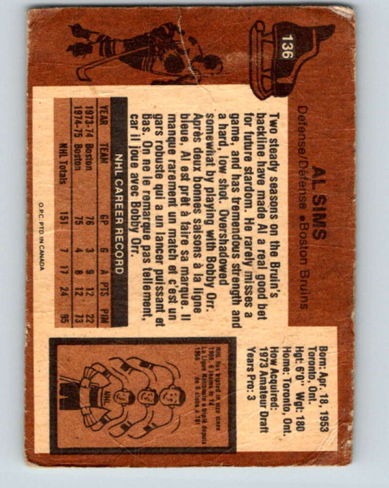 1975-76 O-Pee-Chee #136 Al Sims  Boston Bruins  V5780