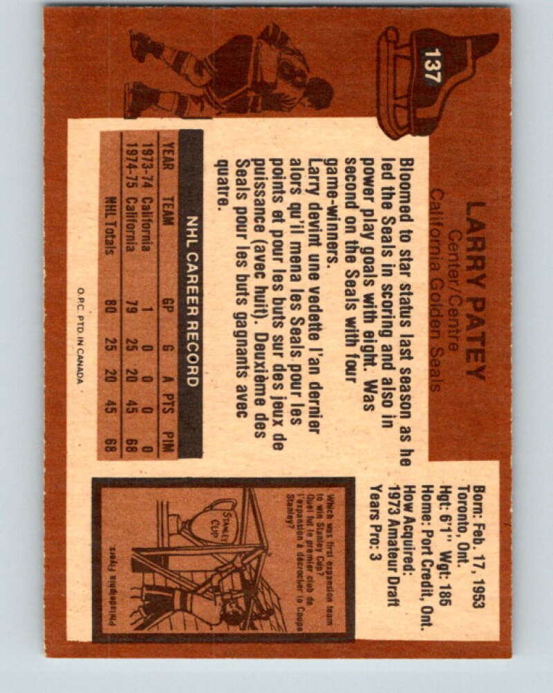 1975-76 O-Pee-Chee #137 Larry Patey  RC Rookie California Golden Seals  V5781