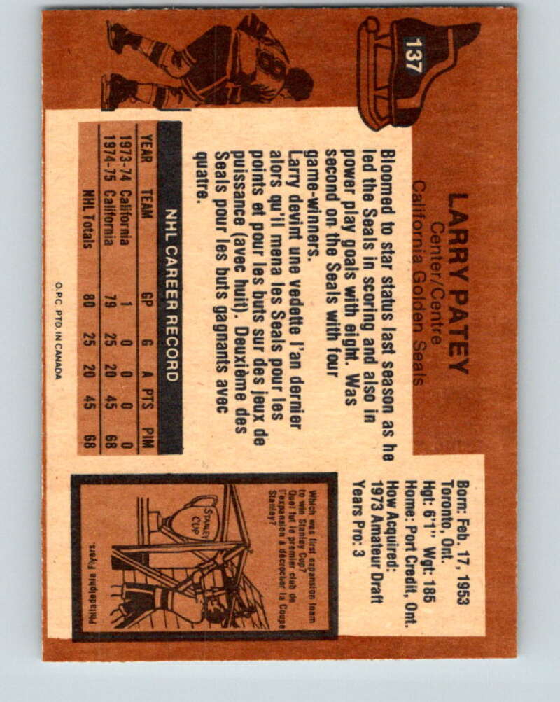 1975-76 O-Pee-Chee #137 Larry Patey  RC Rookie California Golden Seals  V5782