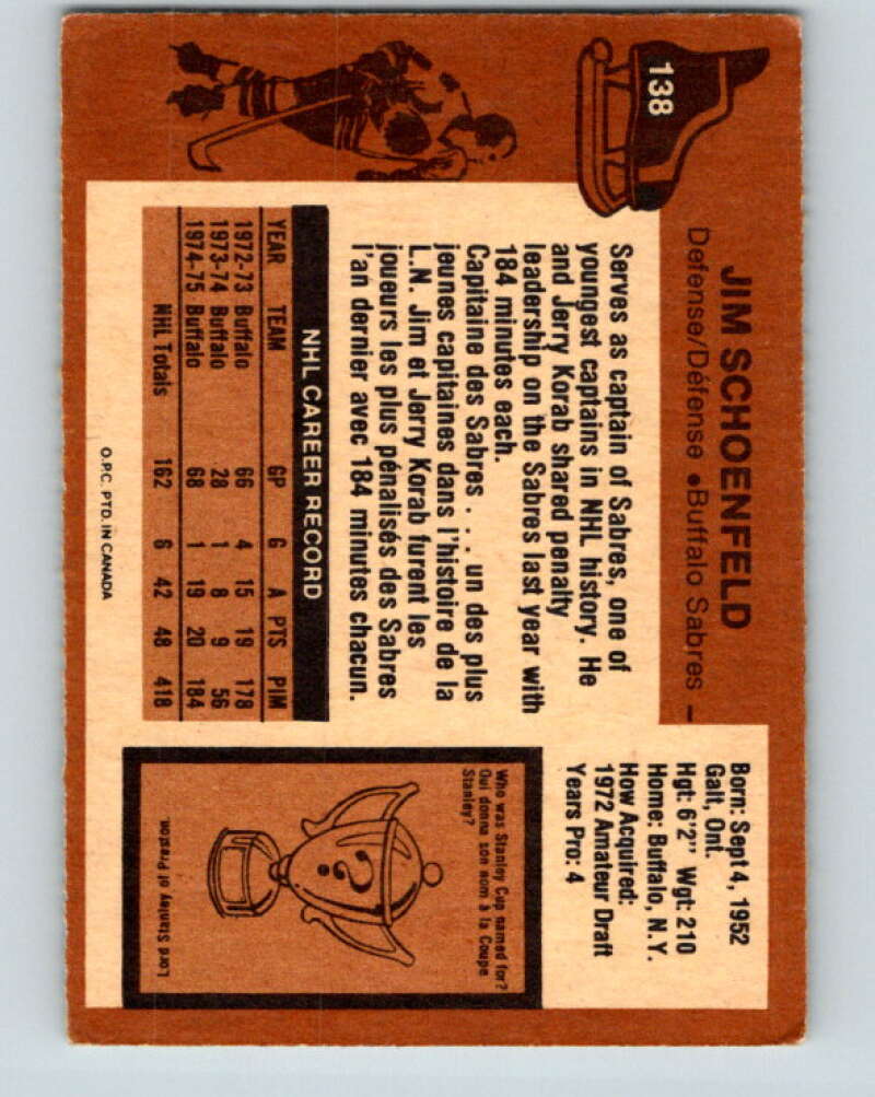 1975-76 O-Pee-Chee #138 Jim Schoenfeld  Buffalo Sabres  V5783