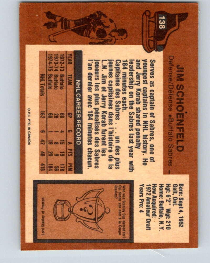 1975-76 O-Pee-Chee #138 Jim Schoenfeld  Buffalo Sabres  V5784