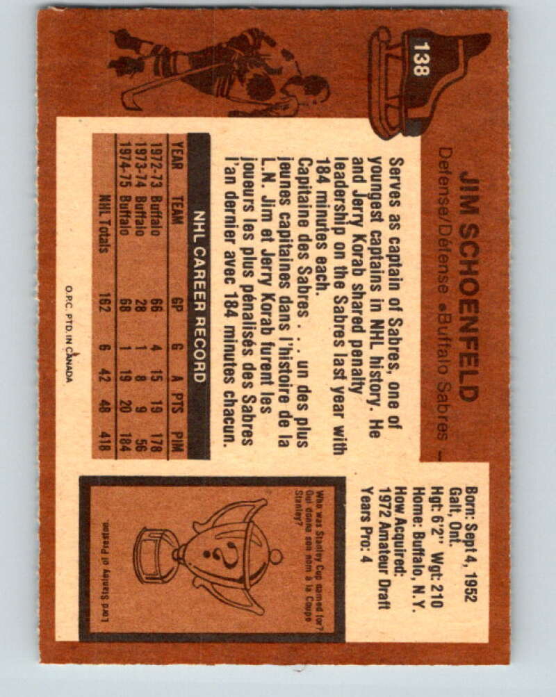 1975-76 O-Pee-Chee #138 Jim Schoenfeld  Buffalo Sabres  V5785