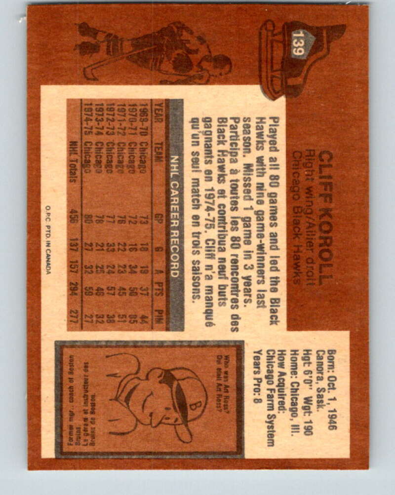 1975-76 O-Pee-Chee #139 Cliff Koroll  Chicago Blackhawks  V5786