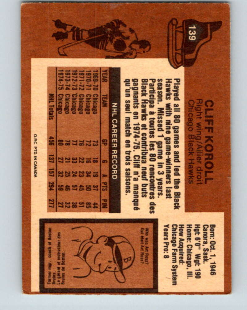 1975-76 O-Pee-Chee #139 Cliff Koroll  Chicago Blackhawks  V5787