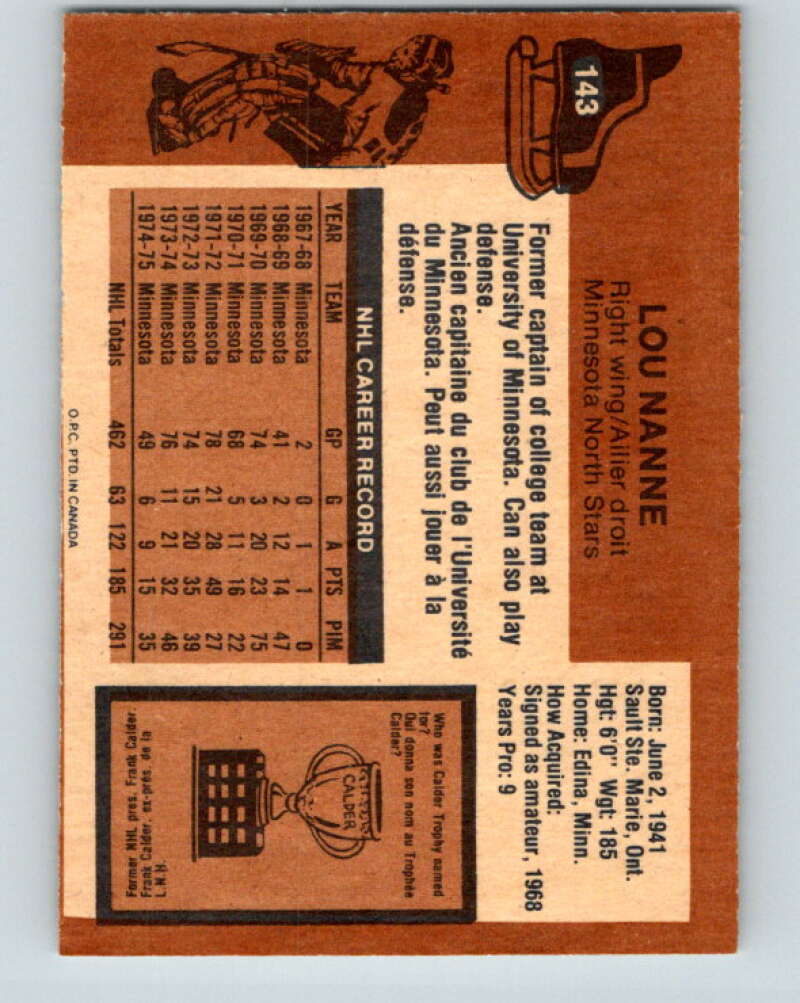 1975-76 O-Pee-Chee #143 Lou Nanne  Minnesota North Stars  V5801