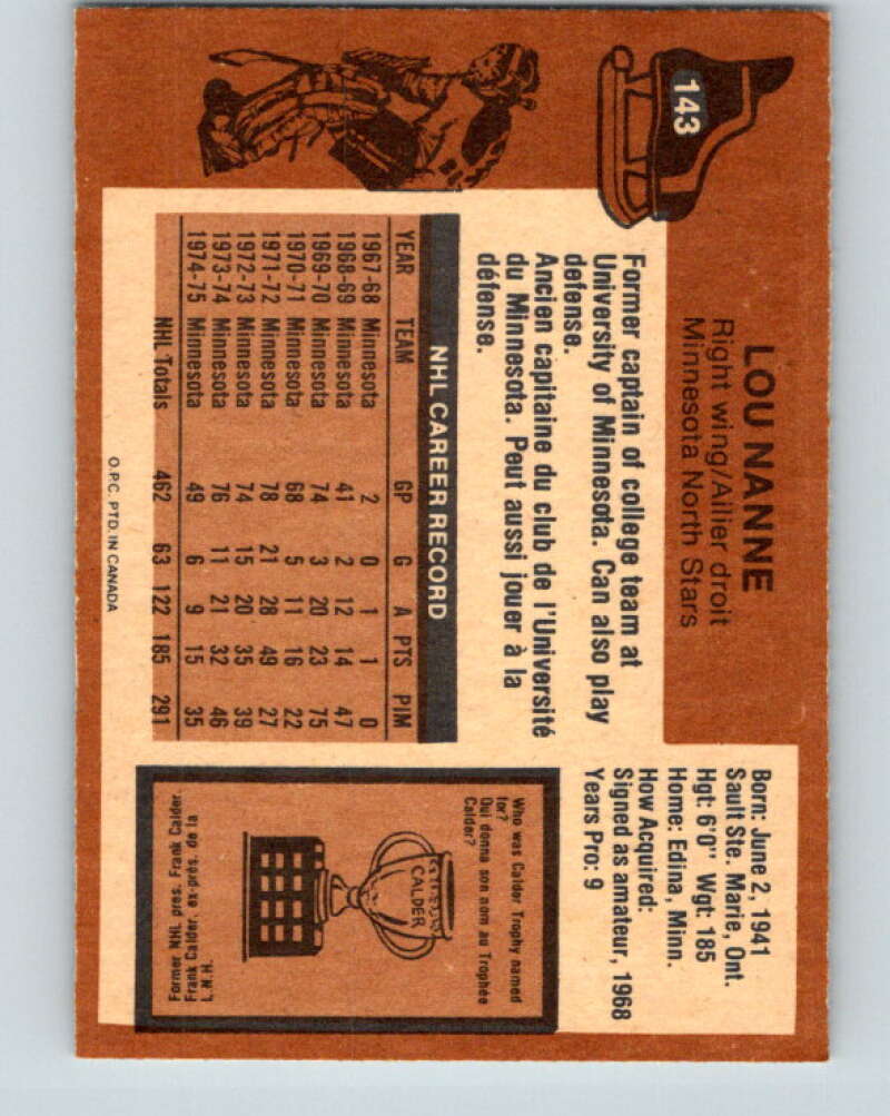 1975-76 O-Pee-Chee #143 Lou Nanne  Minnesota North Stars  V5802