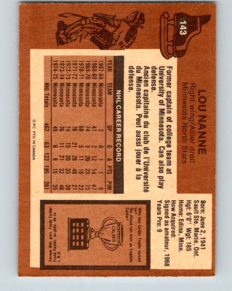 1975-76 O-Pee-Chee #143 Lou Nanne  Minnesota North Stars  V5803