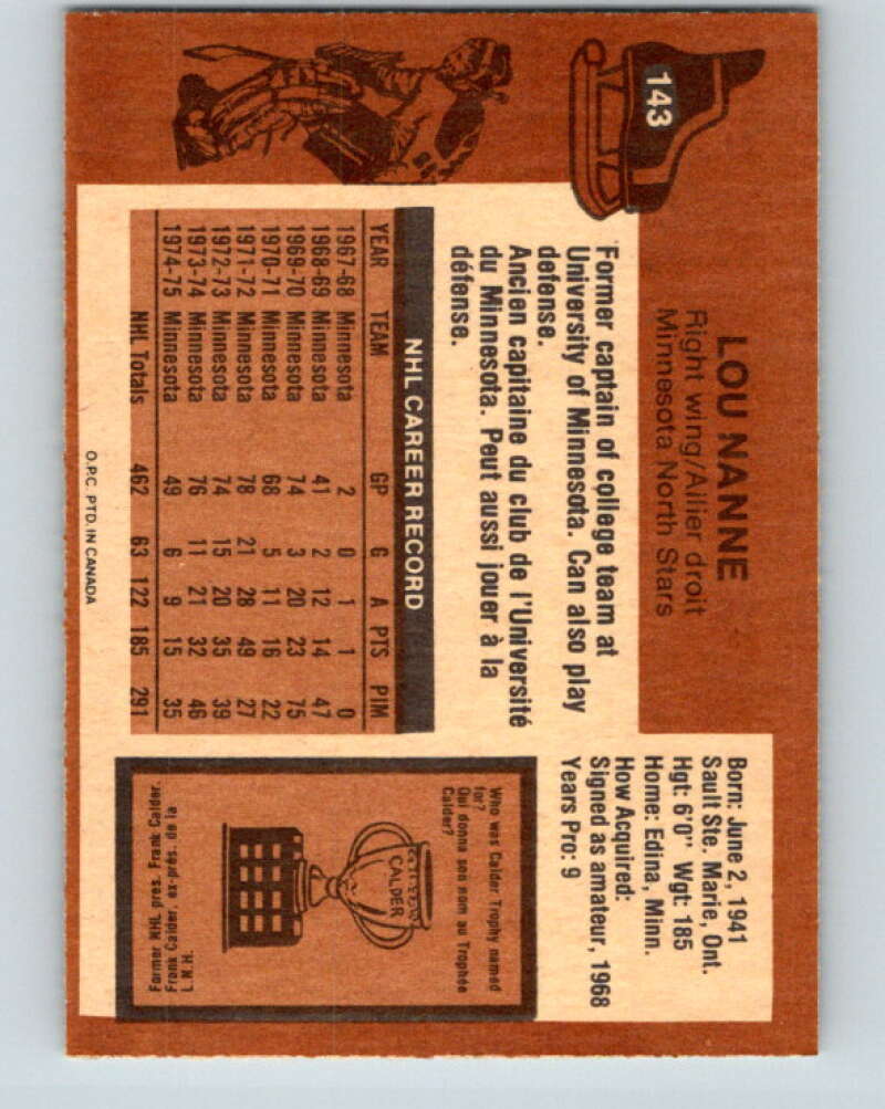 1975-76 O-Pee-Chee #143 Lou Nanne  Minnesota North Stars  V5804