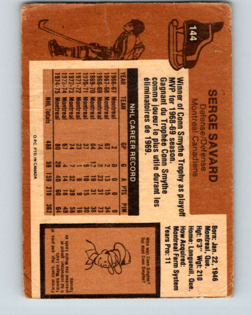 1975-76 O-Pee-Chee #144 Serge Savard  Montreal Canadiens  V5806