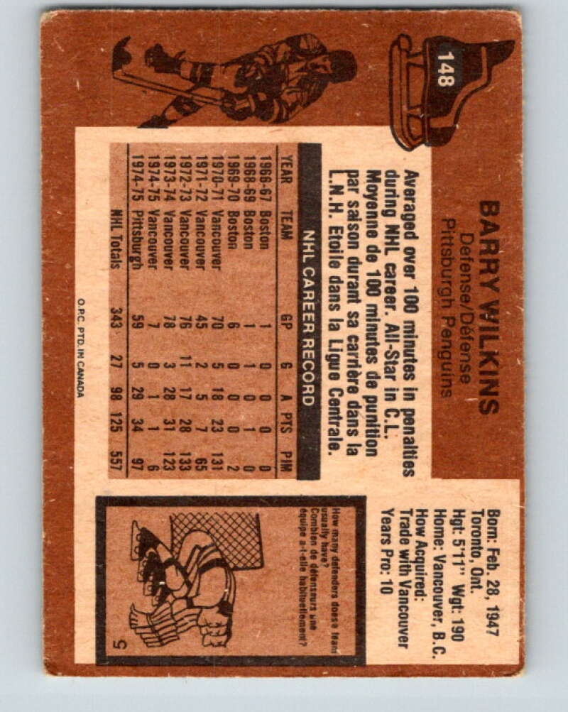 1975-76 O-Pee-Chee #148 Barry Wilkins  Pittsburgh Penguins  V5825