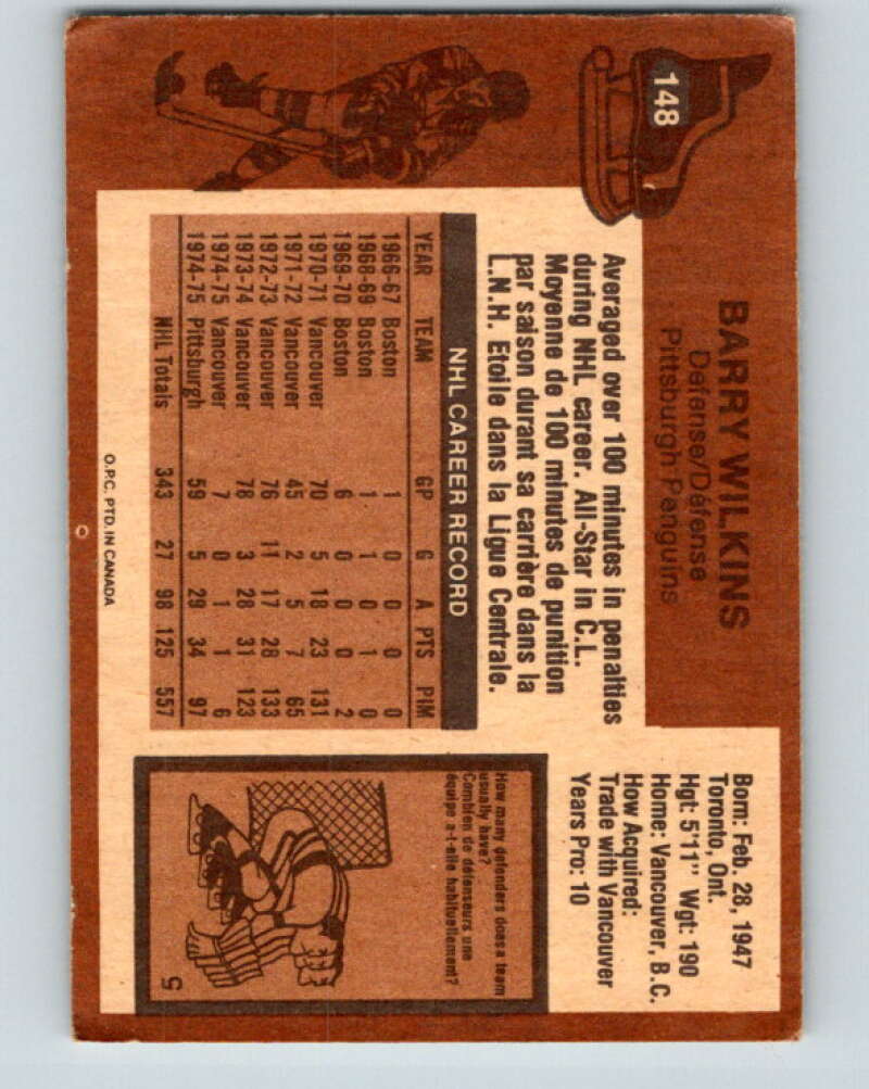 1975-76 O-Pee-Chee #148 Barry Wilkins  Pittsburgh Penguins  V5826