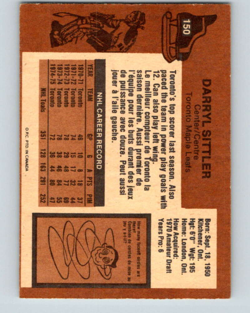1975-76 O-Pee-Chee #150 Darryl Sittler  Toronto Maple Leafs  V5827