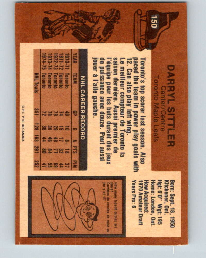 1975-76 O-Pee-Chee #150 Darryl Sittler  Toronto Maple Leafs  V5828