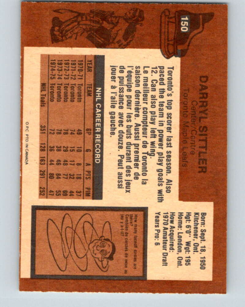 1975-76 O-Pee-Chee #150 Darryl Sittler  Toronto Maple Leafs  V5829