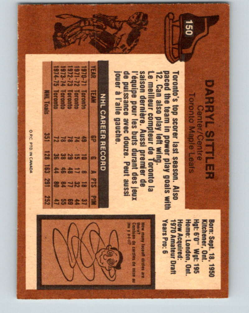 1975-76 O-Pee-Chee #150 Darryl Sittler  Toronto Maple Leafs  V5830