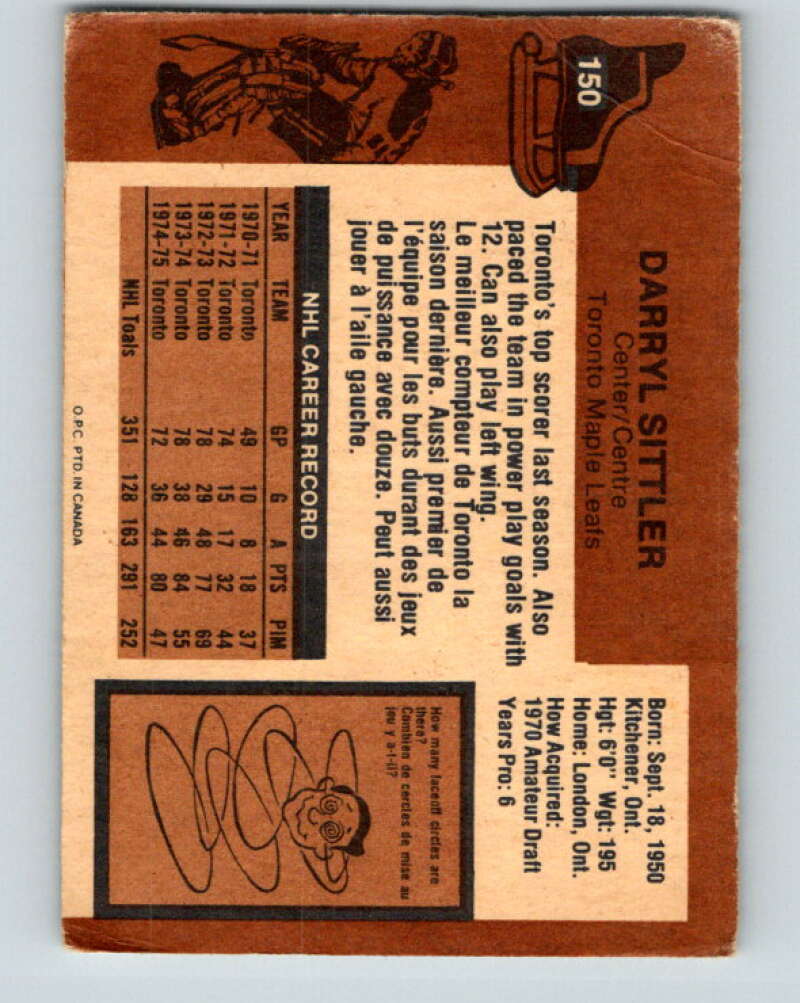 1975-76 O-Pee-Chee #150 Darryl Sittler  Toronto Maple Leafs  V5831