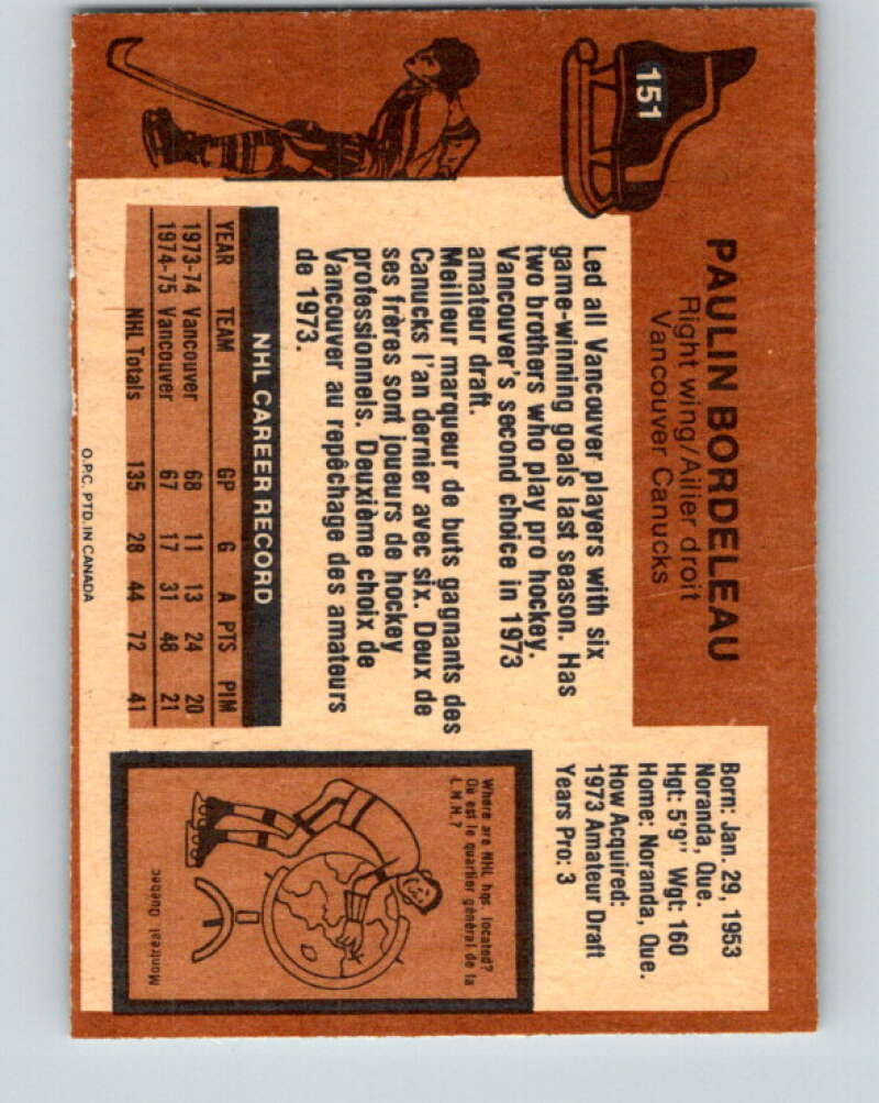 1975-76 O-Pee-Chee #151 Paulin Bordeleau  Vancouver Canucks  V5832