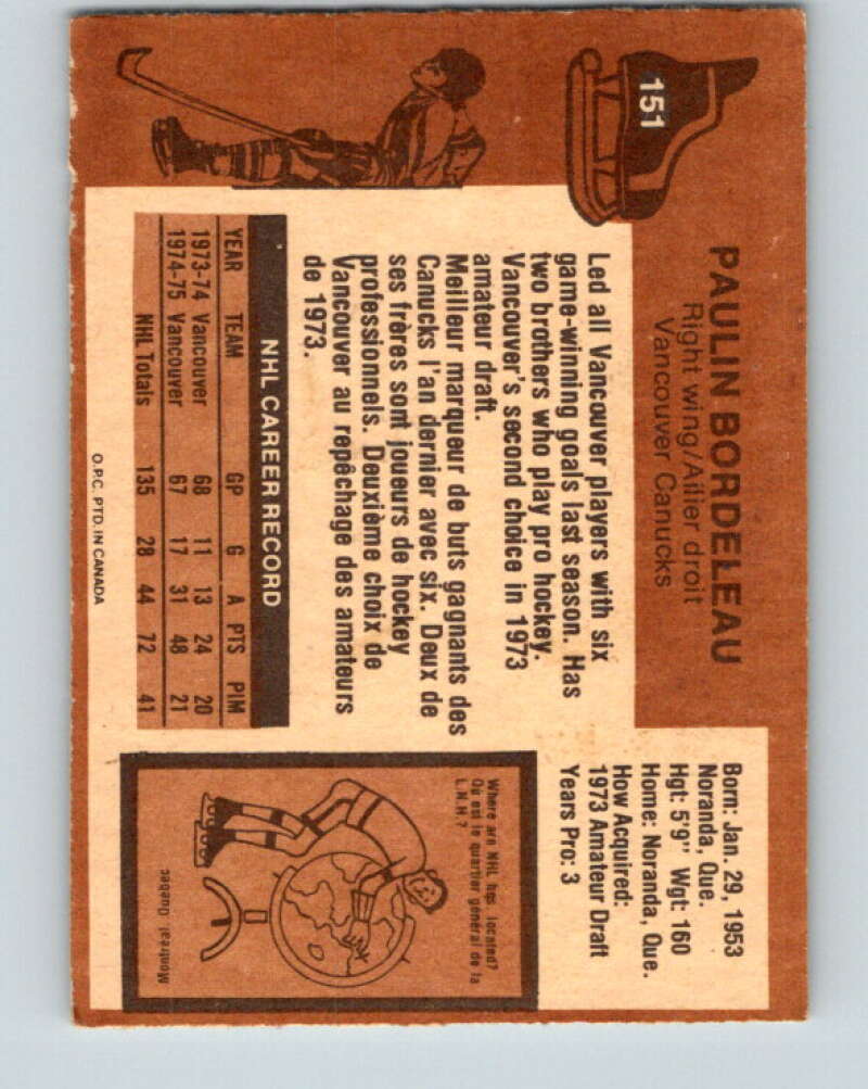 1975-76 O-Pee-Chee #151 Paulin Bordeleau  Vancouver Canucks  V5833