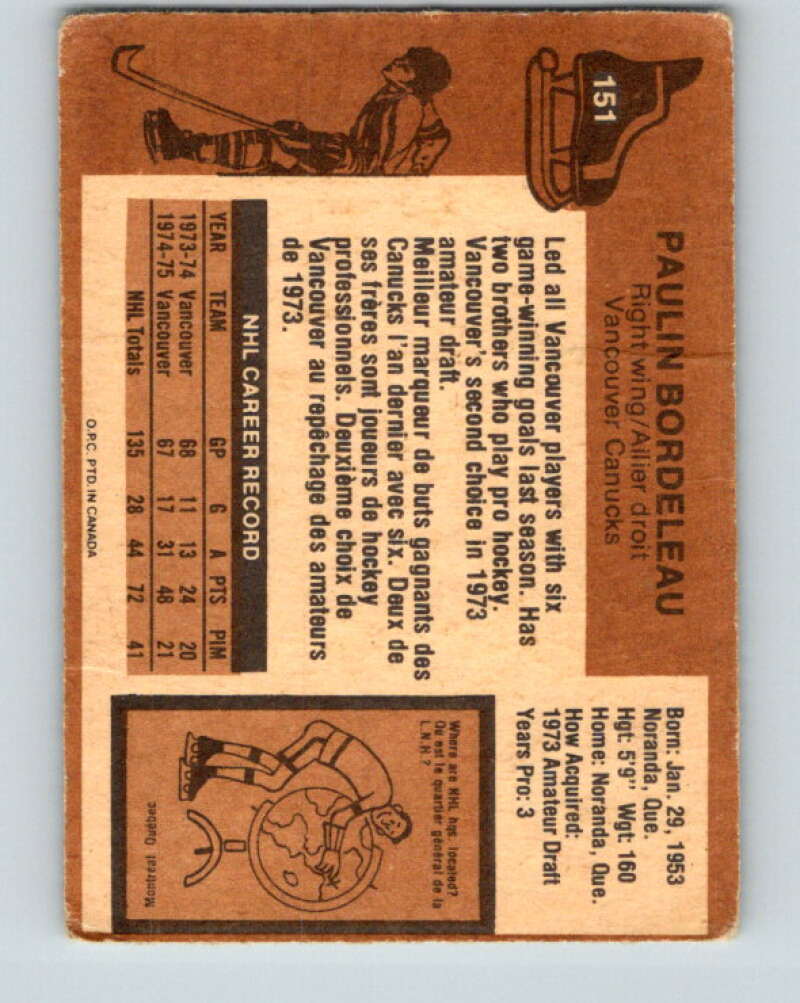 1975-76 O-Pee-Chee #151 Paulin Bordeleau  Vancouver Canucks  V5834
