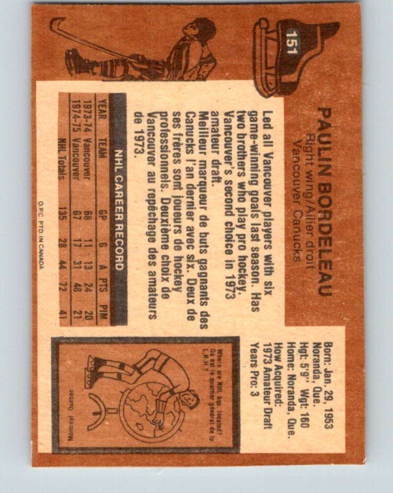 1975-76 O-Pee-Chee #151 Paulin Bordeleau  Vancouver Canucks  V5835